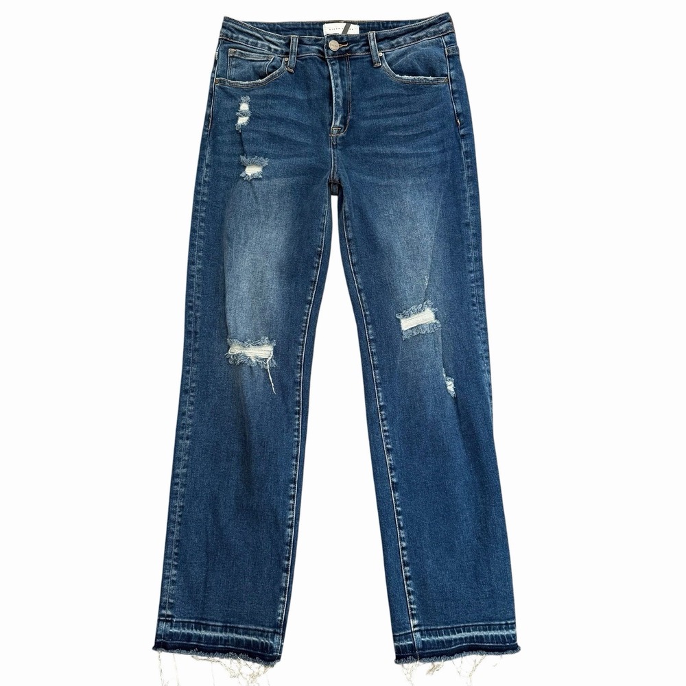 RISEN JEANS Dark Jeans Straight Frayed Hem Stretch Women's 11/30 Distressed